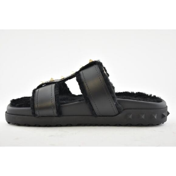 Valentino Rockstud Black Shearling Fur Caged Mule Slip On Slides Sandal Flat 36 - Picture 8 of 12